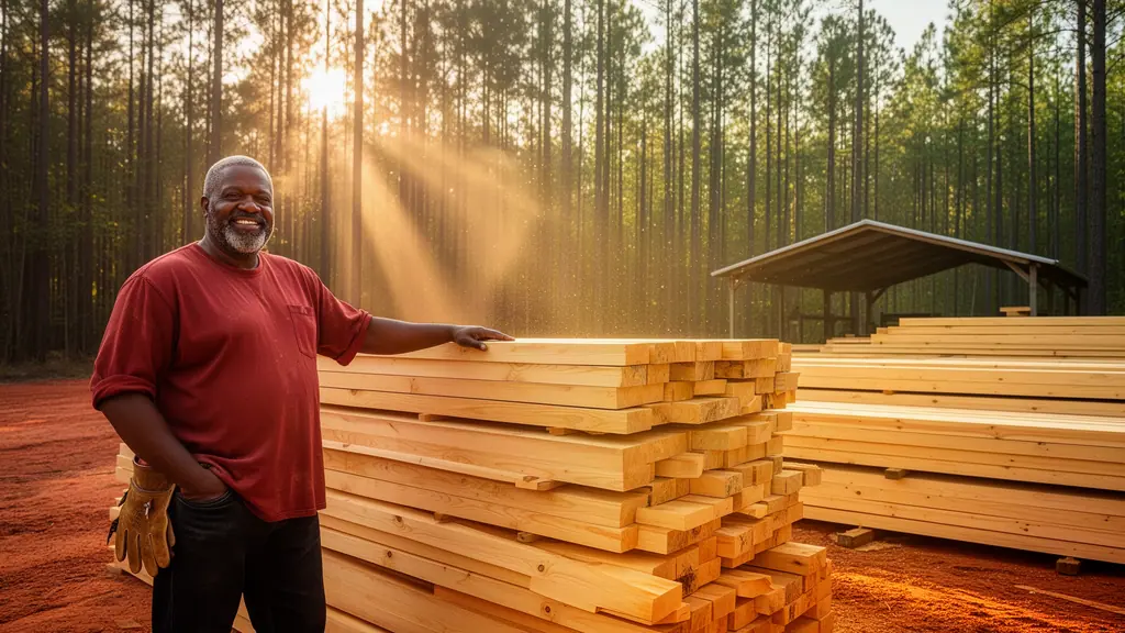 Smiling sawmill owner resting a hand on a stack of fresh pine boards in a sunlit Piney Woods lumber yard